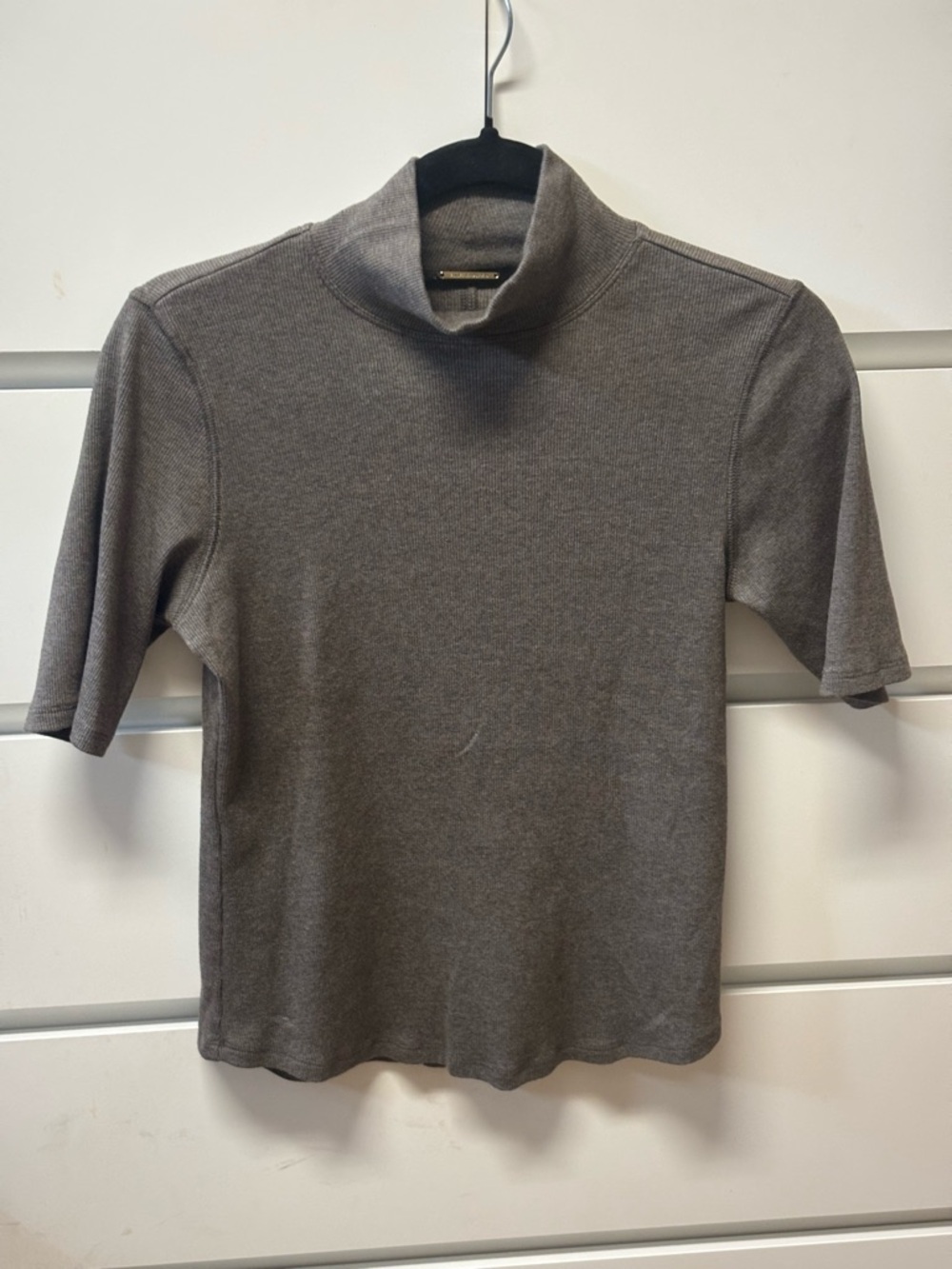 Tahari short Mock Neck Knit Top in brown heather.